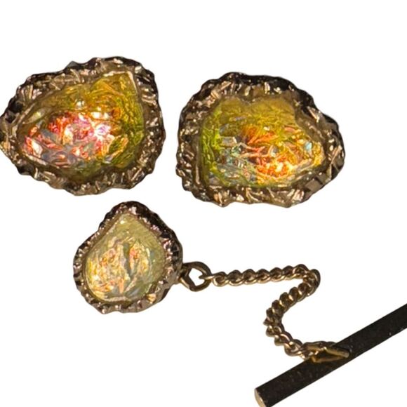 MCM Swank Glass Yellow Lava Cufflinks & Tie Tack Vintage Set - Picture 4 of 8